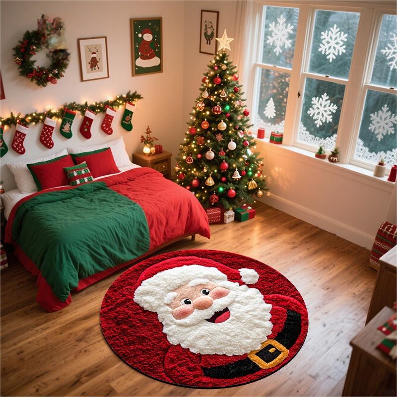 Santa Claus Round Rug Christmas Holiday Theme Non Slip Festive Decorative Floor Mat For Living Room Bedroom Home Decor