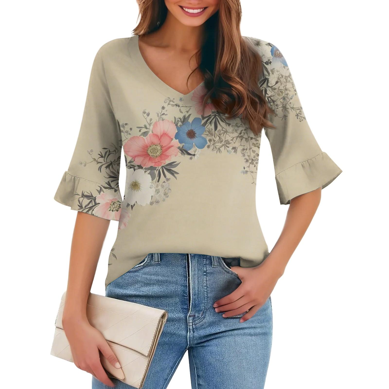 

Жіночий повсякденний модний пуловер з V-подібним вирізом Вільна футболка з квітковими рукавами з п’ятиточковим вирізом XXXL