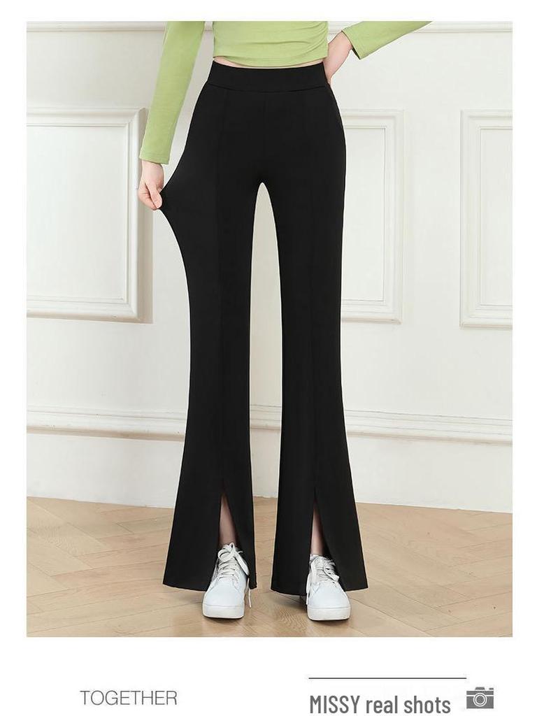 2025 Spring & Fall Women's High Waist Black Flared Pants - Slimming, Elastic, Four-Way Stretch, Long Slit Design