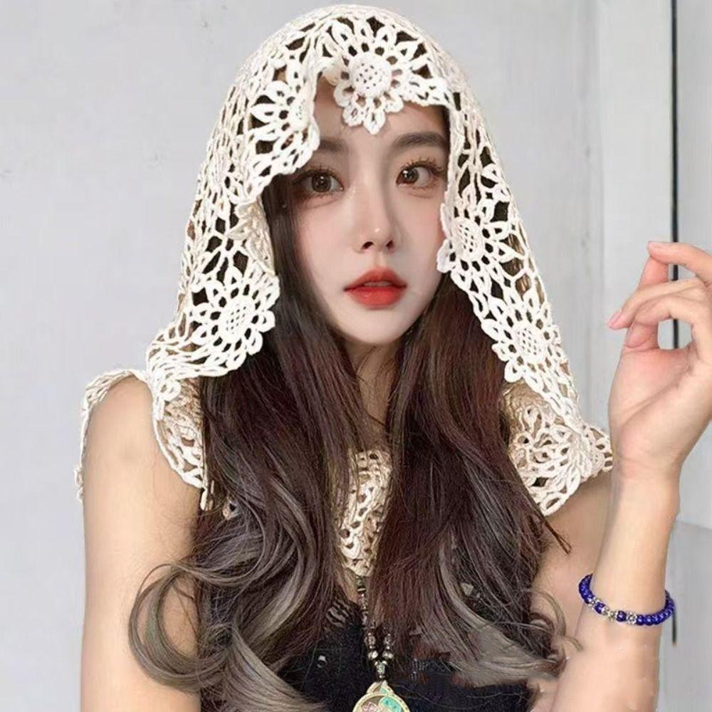 Flower Hollow Out Crochet Shawl White Hooded Scarves Simple Lace Scarf  Female
