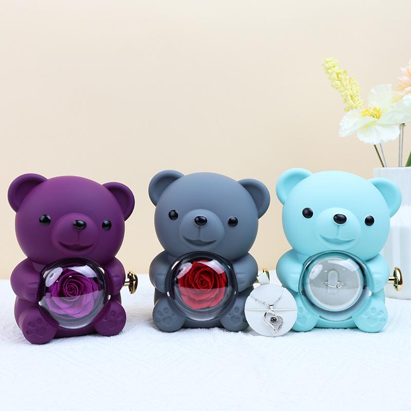 Rotating Acrylic Jewelry Box with Teddy Bear & Eternal Rose for Valentine's Day