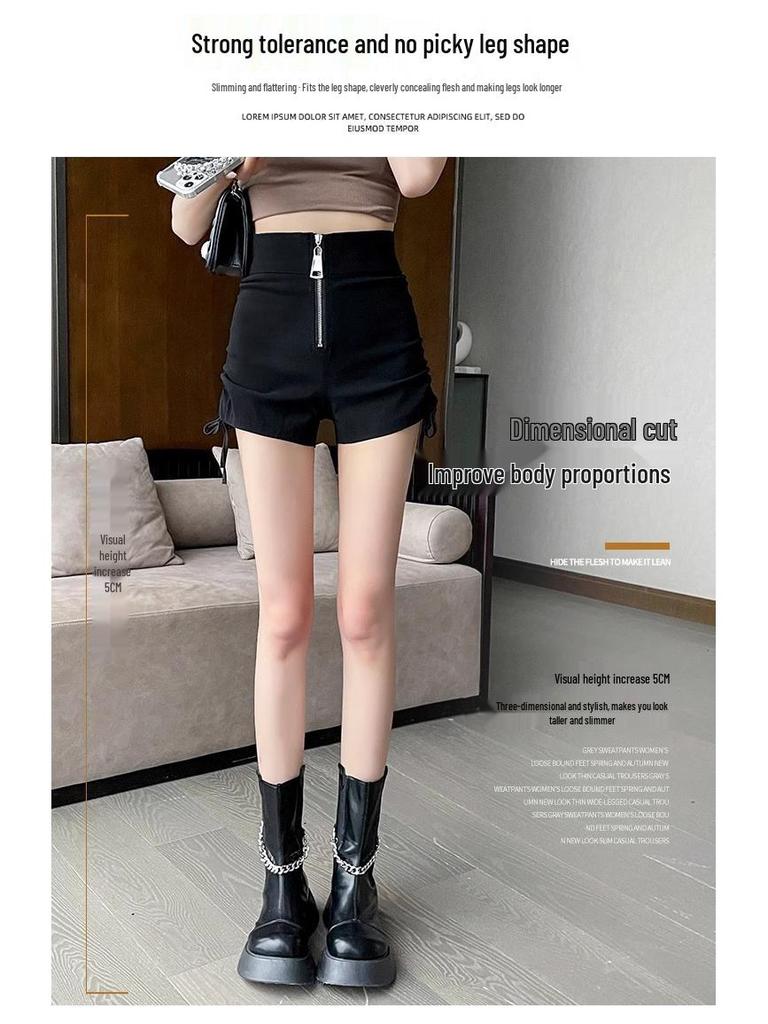Black High Waist Ruched Drawstring Booty Shorts - Trendy Slim Fit Thong-Style for Spring