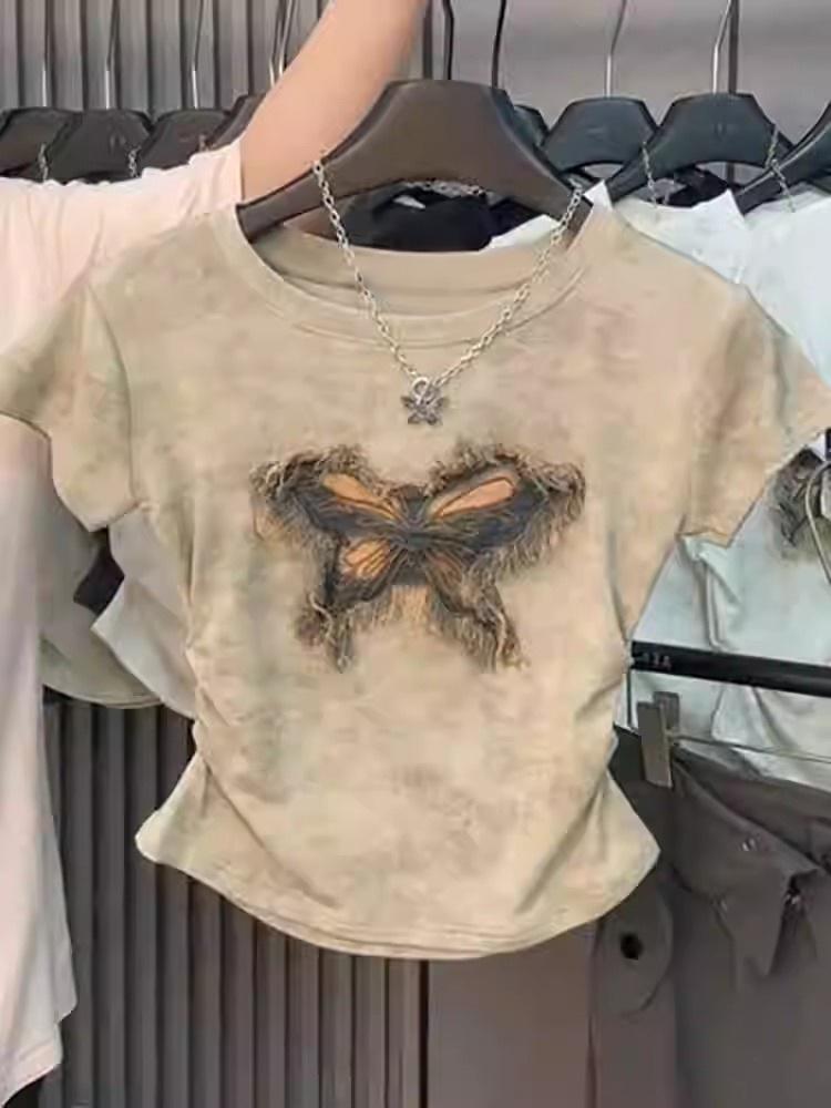 

Корейская футболка тай-дай с бантом, коротким рукавом и приталенным силуэтом - Женский летний тренд 2024 Small хаки