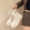 Mid-barrel Cotton Boots Winter New Round Toe Lace-up Front Side Zip Platform Non-slip Wear-resistant Block Heel Shoes