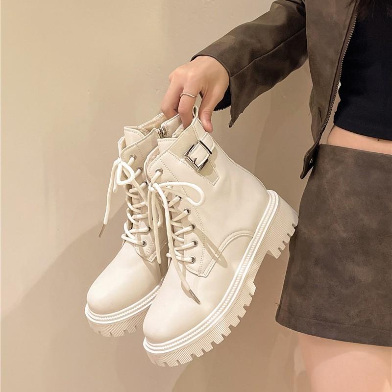 Mid-barrel Cotton Boots Winter New Round Toe Lace-up Front Side Zip Platform Non-slip Wear-resistant Block Heel Shoes