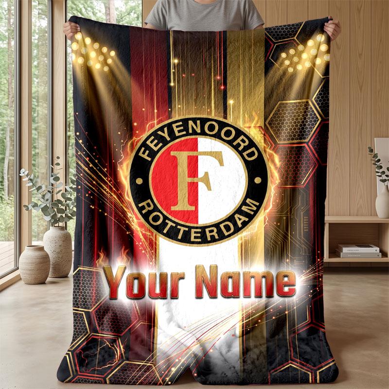 Feyenoord Custom Name Text Flannel Blanket Soccer Logo Personalized Fleece Throw Blanket Special Gift For Sofa Bedroom Home