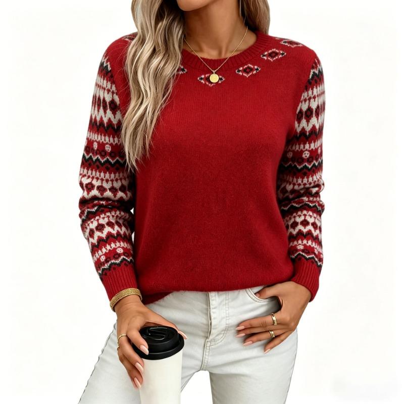 Women S Loose Fit Geometric Jacquard Crew Neck Long Sleeve Knit Sweater