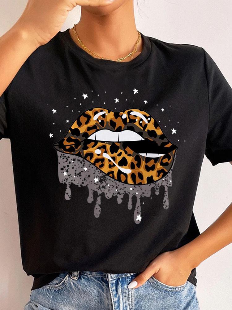 New Fashion Women T Shirt Leopard Lip Print T-Shirt T-Shirt Short Sleeve Tops Female Ladies Summer Tee Shirts Streetwear