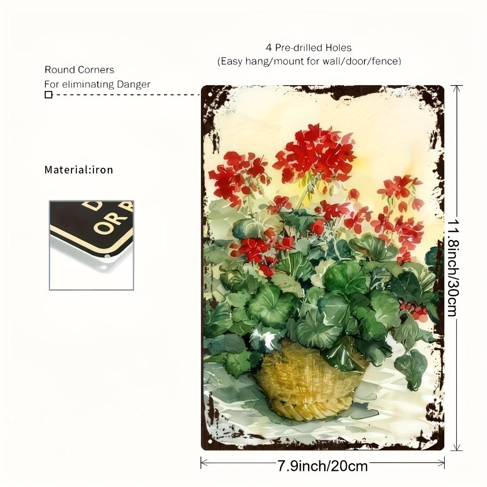 2D Flat, 1 Hand-Painted Iron Wall Decor - Vibrant Red Geraniums and Green Vines in a Rustic Tin Pot, 20x30cm/8x12in
