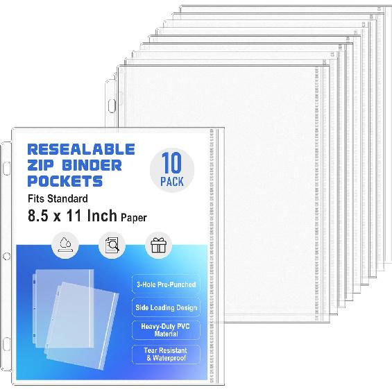 Antner 10 Pack Letter Size Binder Pockets 3 Ring Binder Zipper Pouch, 3-Hole Waterproof Resealable Zip Loose Leaf ert Bags PVC Document Organizer