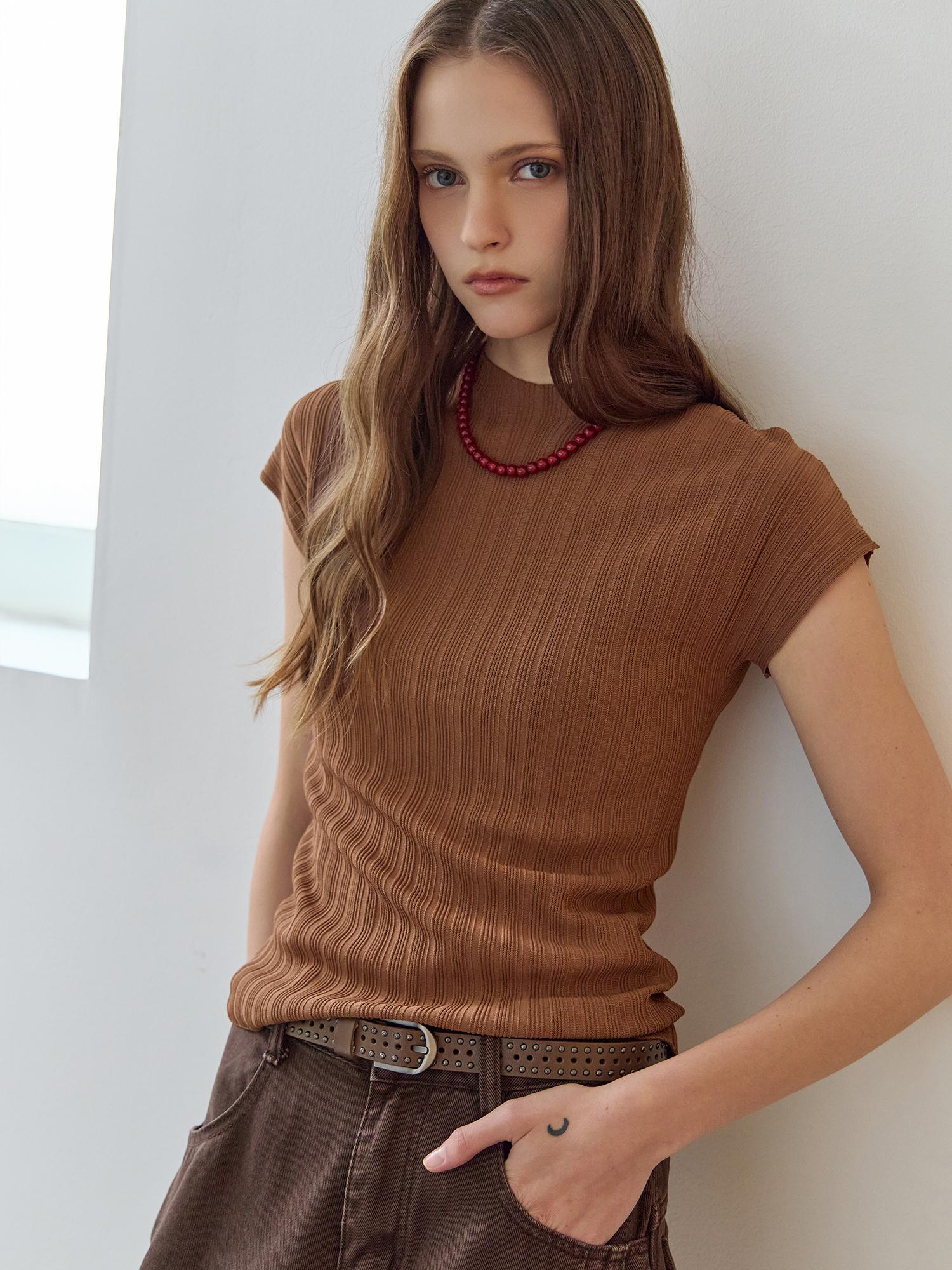 Maja Pleated Rib Mock Neck Cap Sleeve Knit Brown/Free