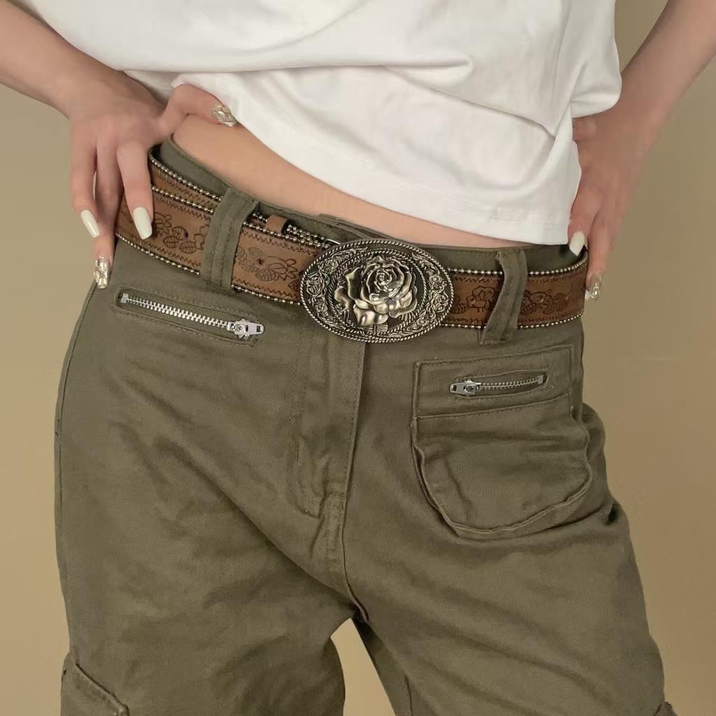 Vintage Spice Girl Ethnic Style Totem Rose Flower Metal Buckle Belt Belt Niche Mori Belt Accessories Belt Tide