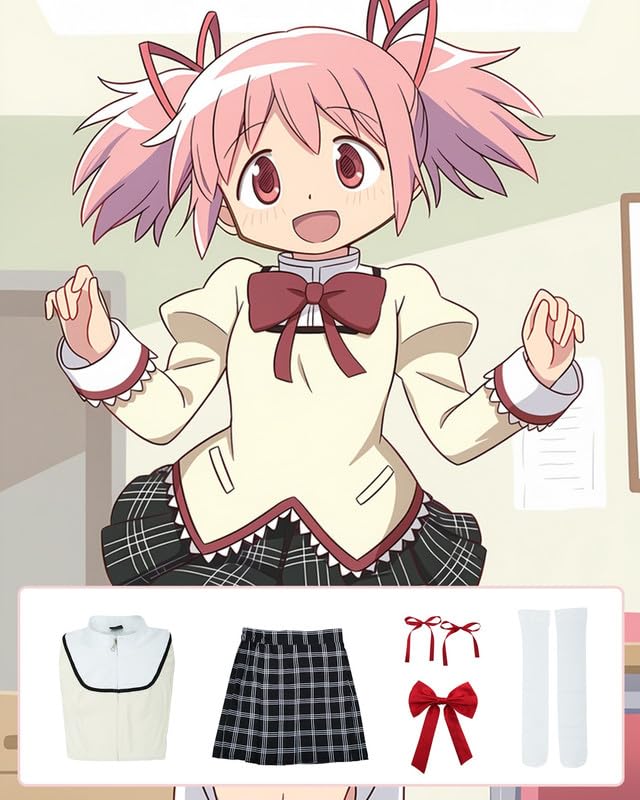 Kaname Madoka Cosplay Costume with Wig Puella Magi Madoka Magica Mitakihara Municipal Junior High School Uniform Set Long Sleeved Costume Everyday