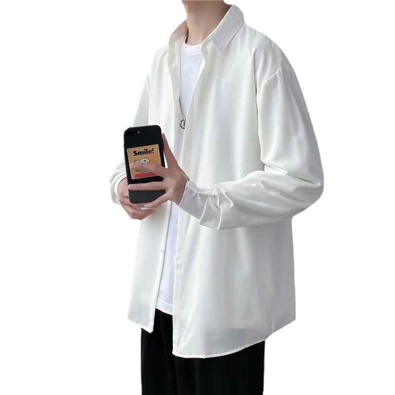 Men's Summer Ice Silk Long-Sleeve Black Drape Shirt - Wrinkle-Free, Loose, Casual, Handsome Gray Style