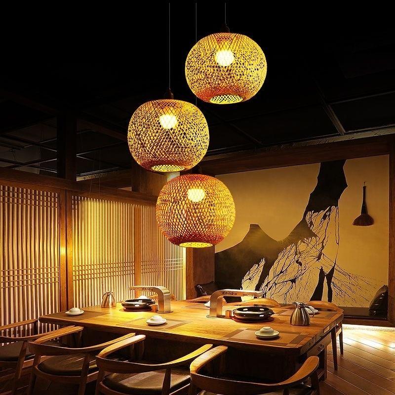 Bedroom Living Room Lantern Chandelier Stairs Retro Rattan Three-Head Hanging Light Bamboo Weaving Combination Creative Lamp