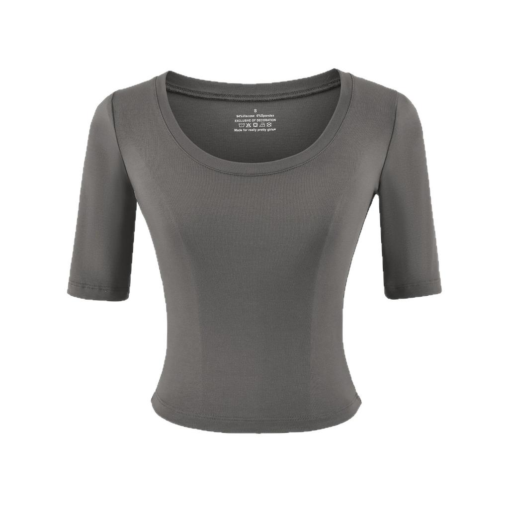 Crew neck medium sleeve T-shirt women's summer new American Spice Girl style solid color thin bottoming shirt top