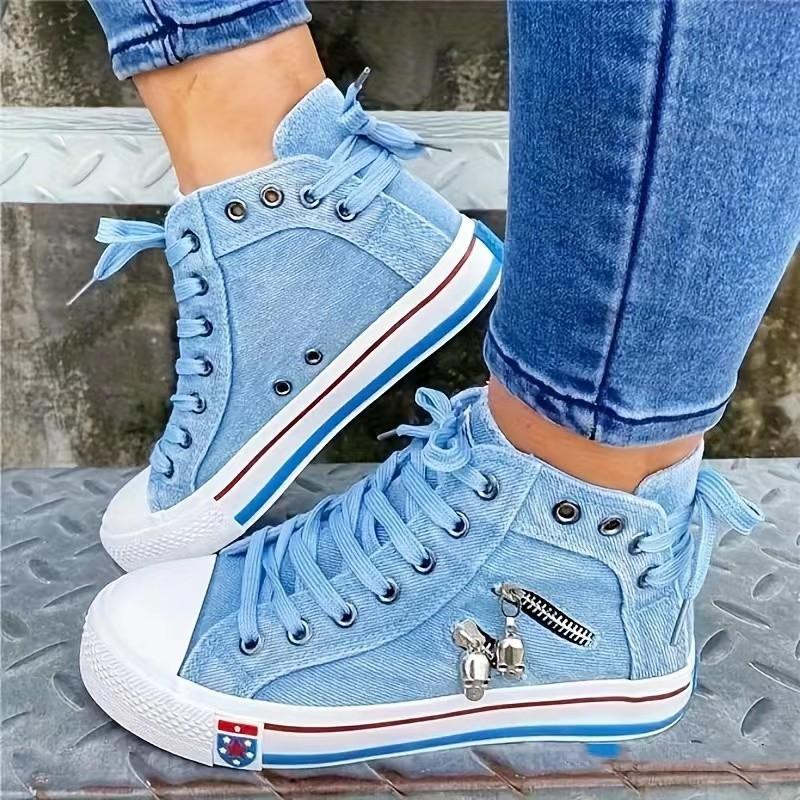 Dámské boty Módní Džínové Ležérní Boty Lebka Kovová Dekorace Dámské Ploché Tenisky Vintage Vysoké Dámské Vulkanizované Boty