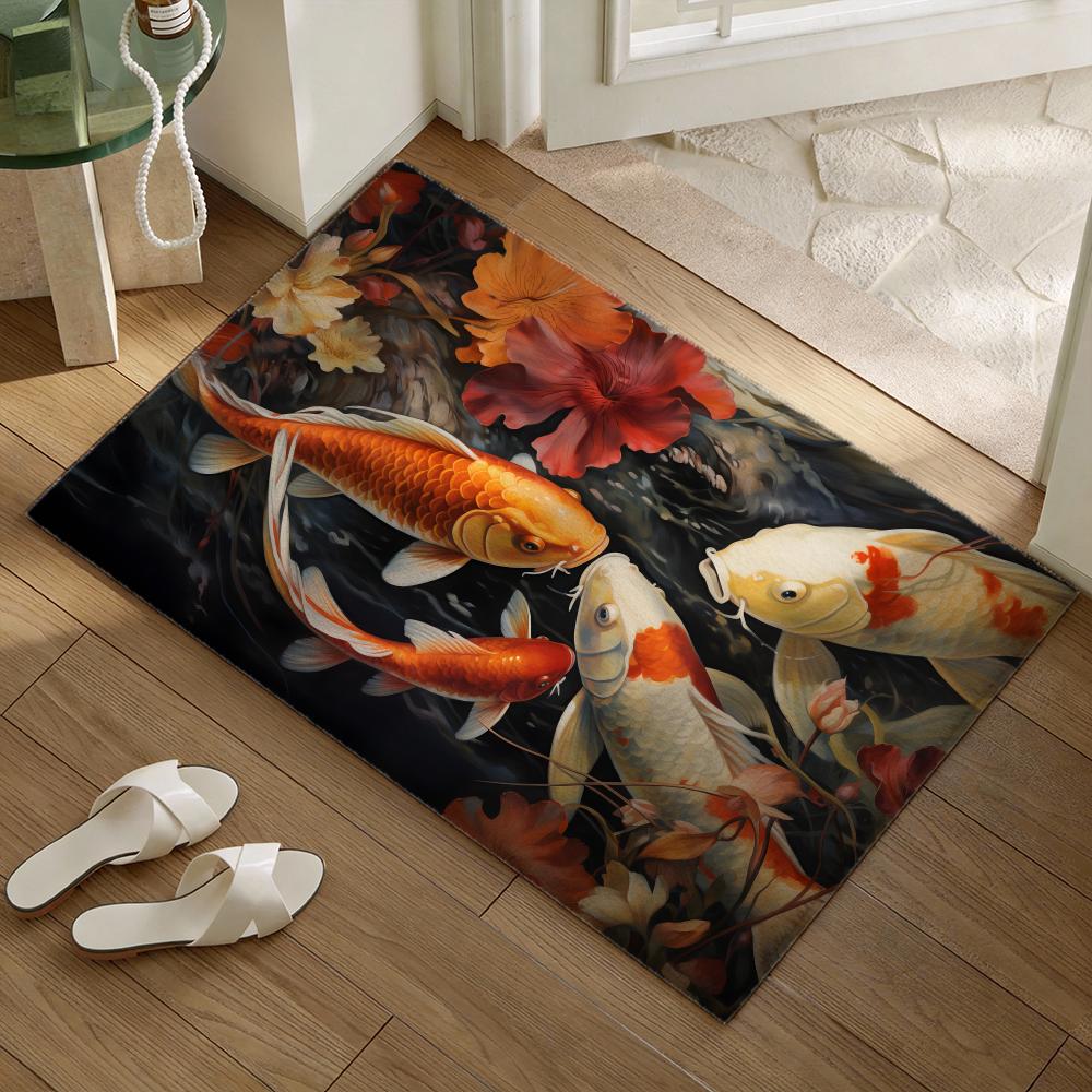 Koi-Fische, die Ihnen Glück bringen Bodenteppich Weiche Flanell-Tür Matte Rutschfest - Verdickter Teppich für Wohnzimmer Heimdekoration