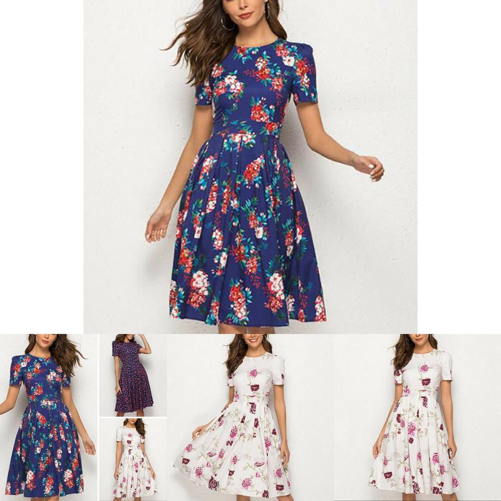 Summer Women Vintage A-line Dress Tunic With Long And Short Sleeve Floral Print