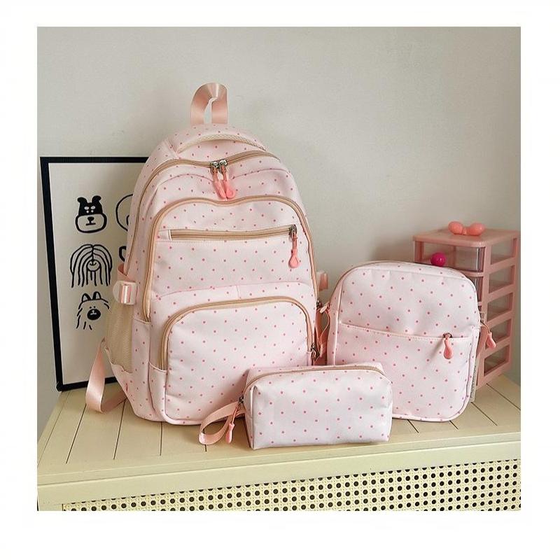Nylon Polka Dot Girls Backpack Set Multi Compartment Zipper Closure Water Resistant Lightweight Bookbag for School Daily Use