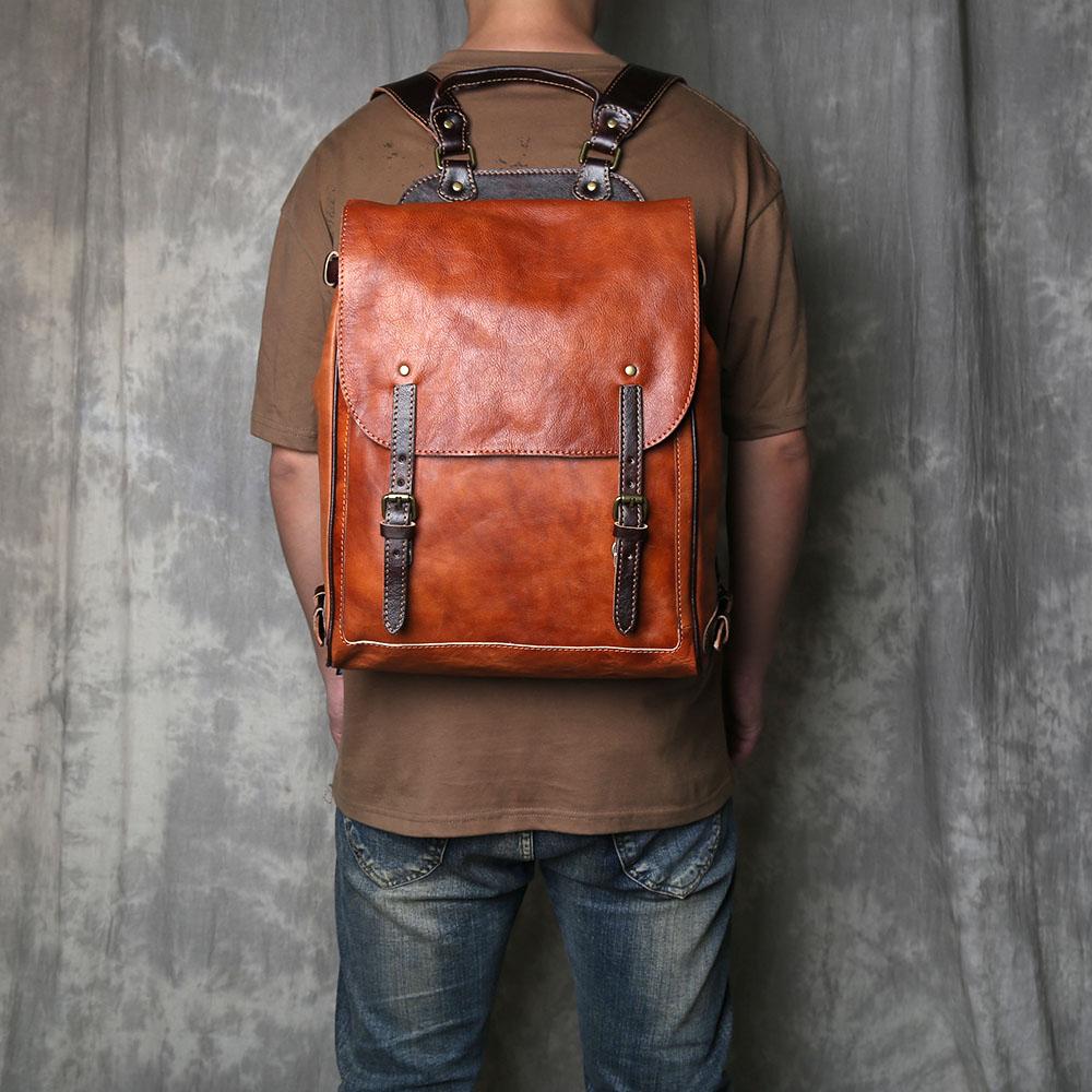 Retro Cowhide Backpack for Men Handmade Polished Leather Casual Computer Backpack Outdoor Large Capacity Trendy Backpack