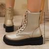 Mode Goldene Schnür-Stiefeletten Damen PU-Leder Keilstiefel für Frau Frühling Herbst Dicke Sohle Übergröße 36-43 Stiefeletten Damen