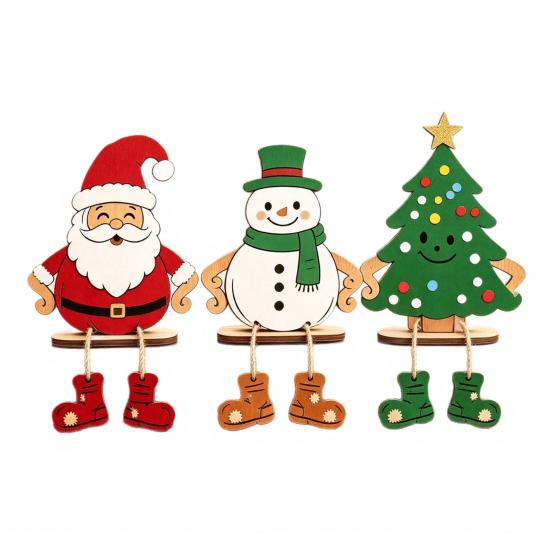 Cute Winter Window Ornaments 3Pcs 2D Wooden Christmas Hanging Ornaments, Cartoon Santa Snowman Tree Figurines Small Wood Holiday with Leg Design,