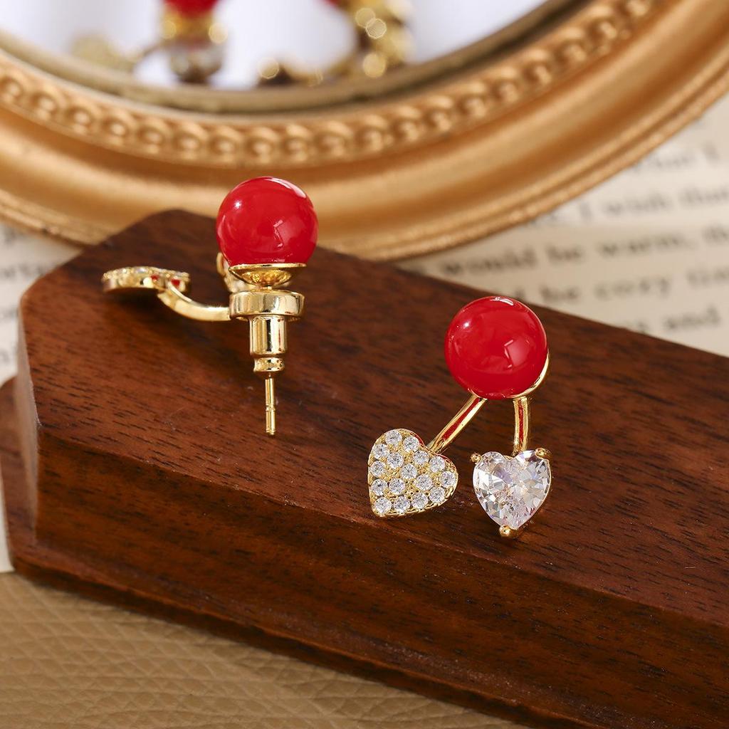 Stylish Red Heart Cubic Zirconia Earrings: Front & Back Wear, Luxurious Korean Style, Versatile Micro-Paved Studs for Commuting