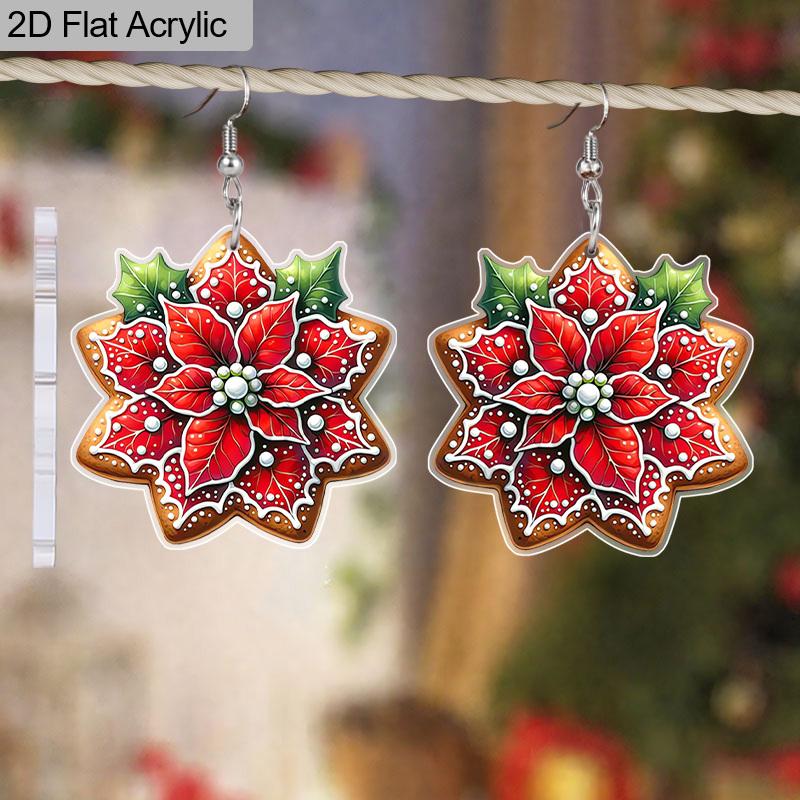 2D Flat Christmas Cartoon Red Flowers Pattern Earrings Jewelry Gift for Women Female