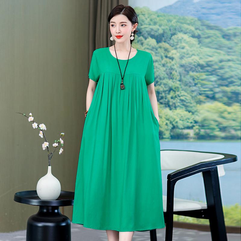 2 Neues hochwertiges florales Baumwoll-Seiden-Kleid für Damen-Sommer-Temperament, Bauchbedeckung für Mütter, große Größe künstliche Baumwolle langer Rock