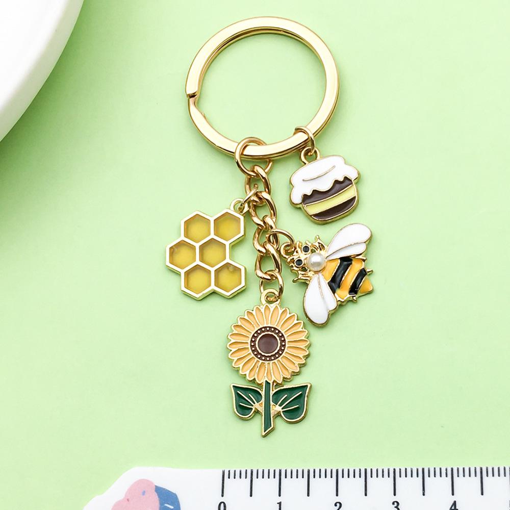 Personalized Pearl Bee & Sunflower Honeycomb Keychain Charm