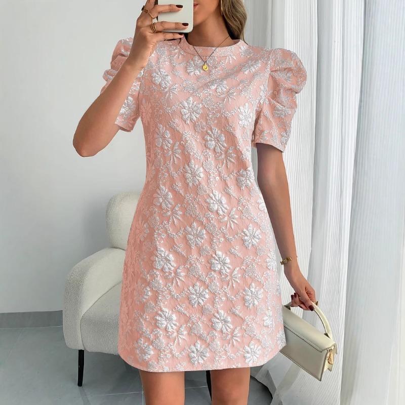 Women's Summer Puffed Sleeve Textured Jacquard Round Neck Vintage Style Dress