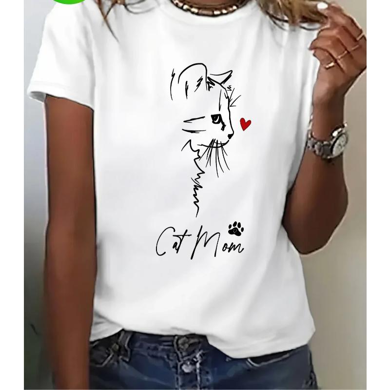 T-Shirt mit lustigem Katzen-Print für Damen, Sommer, weiche, übergroße Oberteile, modisch, lässig, kurzärmelig, Baumwolle