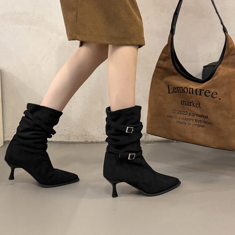 Pointed high-heeled short boots women's 2025 new autumn retro pleated piled boots thin heels western thin boots
