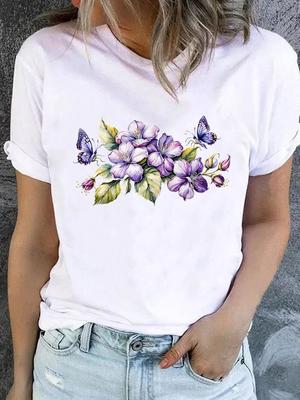 (Aziatische maat) T-shirt met ronde hals Kleding aquarel stijl trend schattig Top Korte mouw T-shirt Casual Mode Print Dame Vrouw Vrouwen Grafische T-shirts