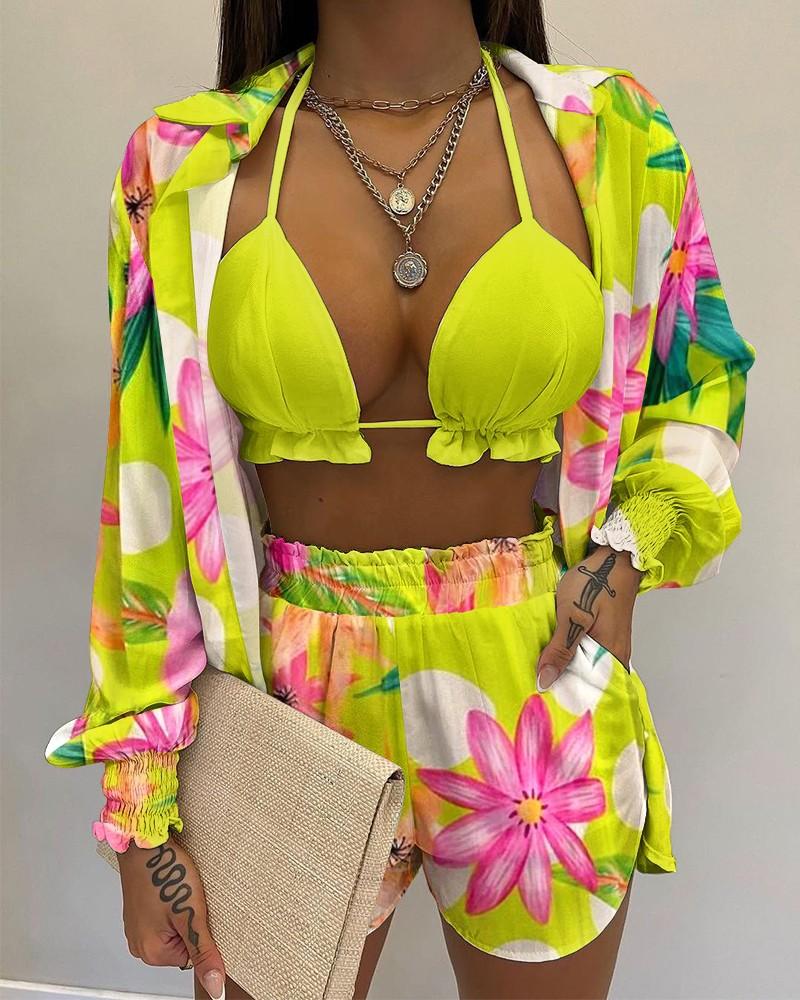 Sexy Swimsuit Summer Fashion Solid Color Printing 3 Piece Suit Women