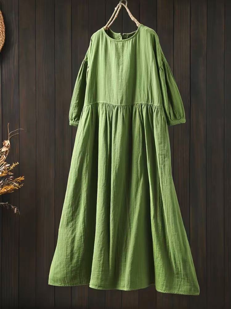 Johnature Women Vintage Dresses O-Neck Half Sleeve Soft Solid Color Summer Casual A-Line Female Dress