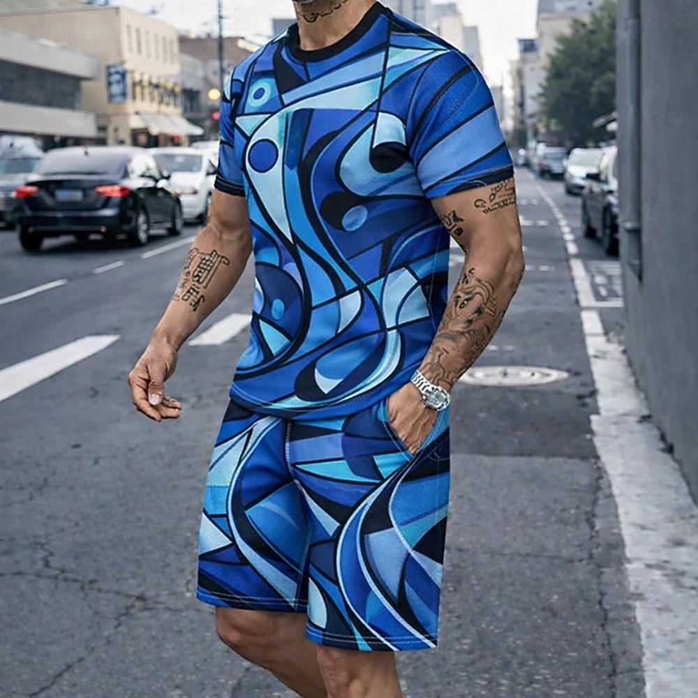 Men's Geometic 2pcs Tees sets Summer Tops Short Sleeve Short Pants Crew Neck Sport Casual