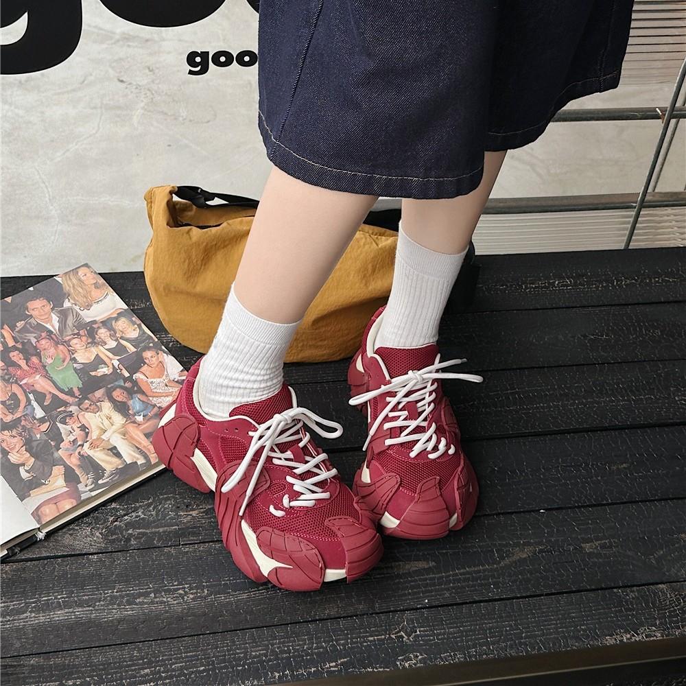 2025 early autumn new small 6cm muffin bottom versatile niche lace-up casual women's fashion breathable dad shoes