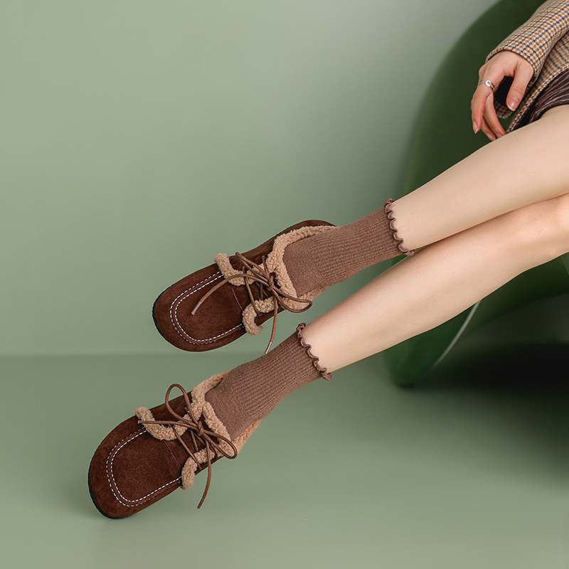 Krazing Pot Suede Fur Spring Autumn Winter Flats Lace Up Women Keep Warm Casual Shoes