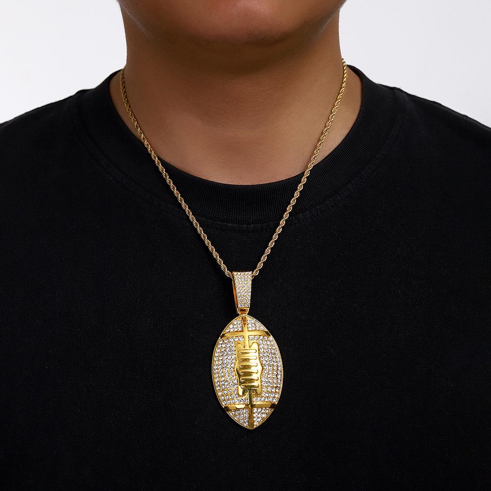 Europe and America New Full Diamond Rugby Alloy Pendant Hip Hop Cuban Chain Tennis Chain Fried Dough Twists Chain Men's Necklace