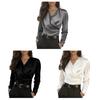 Women Shirt Versatile Slim Fit V-Neck Work Blouse Solid Color Long Sleeve Wrinkle Resistant Office Commute Shirt