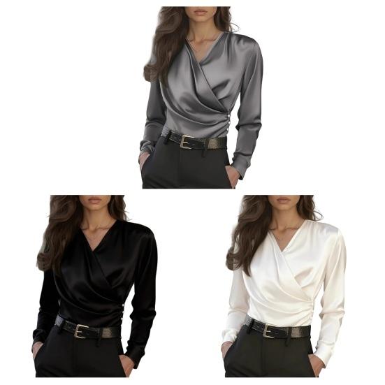 Women Shirt Versatile Slim Fit V-Neck Work Blouse Solid Color Long Sleeve Wrinkle Resistant Office Commute Shirt