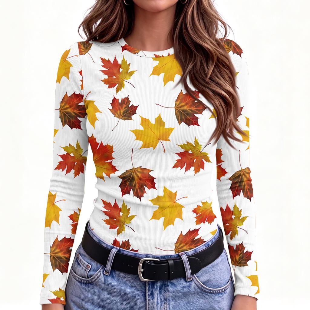 Women's Slim Fit Long Sleeve T-Shirt with Maple Leaf Print Crewneck Casual Top for Fall and Winter