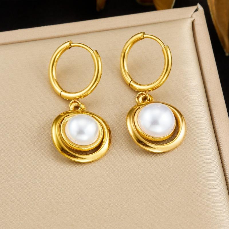 Gold Plated Swirl Frame Pearl Drop Hoop Earrings