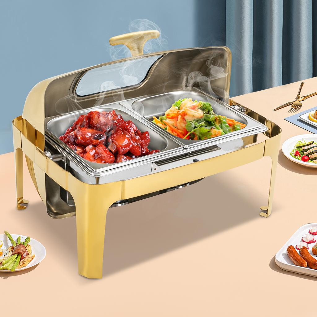 9L Gold Roll Top Chafing Dish W/ Viewing Window, 2x4.5L Stainless Steel Food Pans, Catering Buffet Warmer for Parties, Banquets