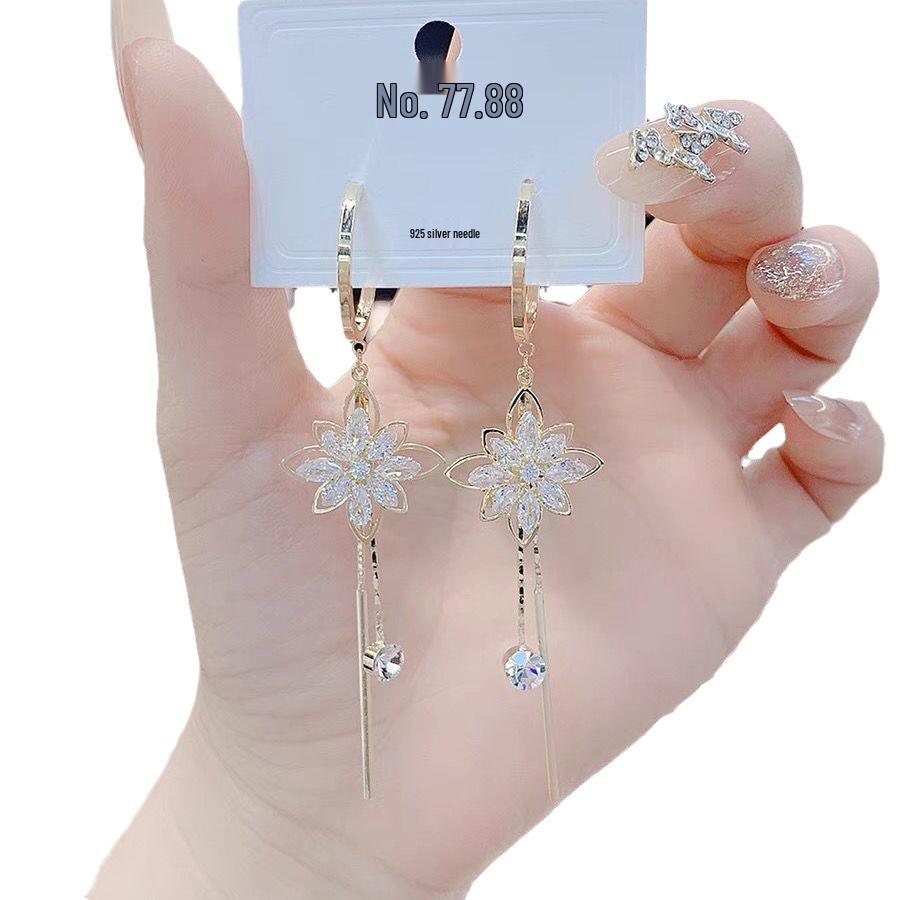 Korean Style Crystal Flower Tassel Earrings: Elegant, Face-Slimming, Fashionable, Long, Trendy Women's Accessory