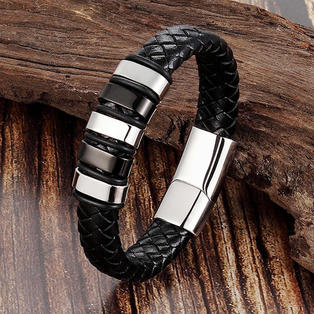 Men’s Tribal Style Stainless-Steel Leather Bracelet – Fashion Magnetic Clasp Titanium Steel Wristband