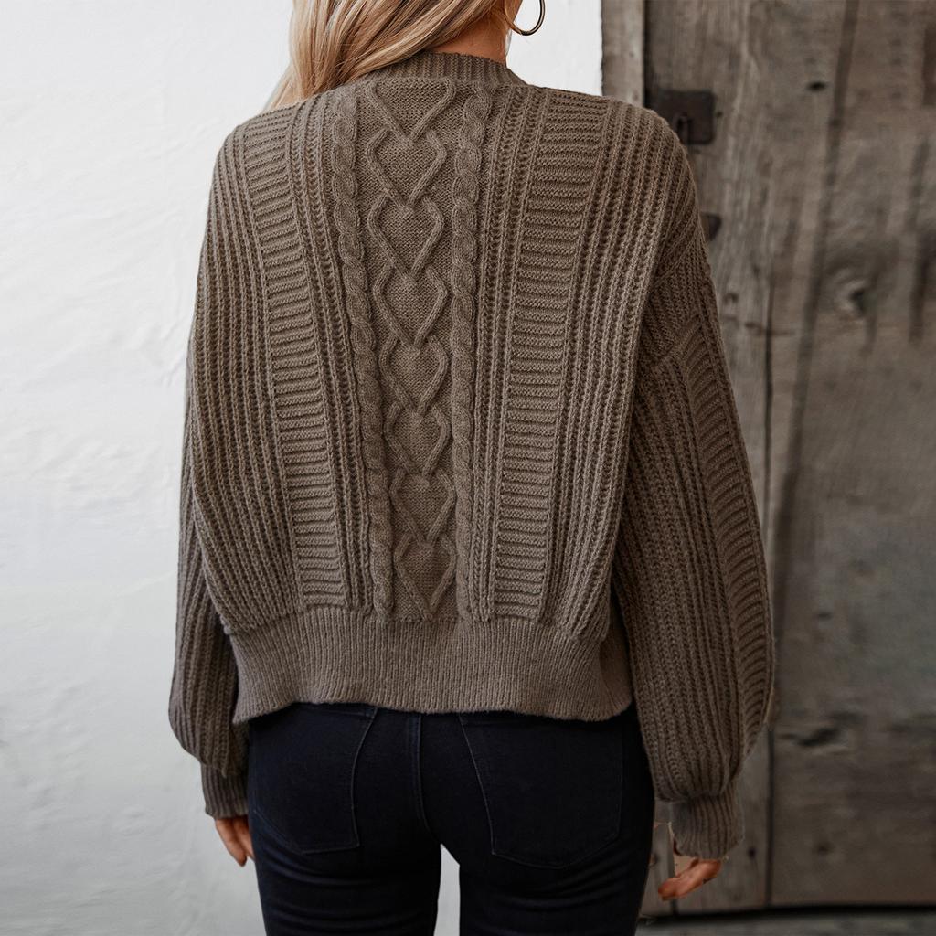 Women's Fashion Casual Solid Color V-Neck Long Sleeve Loose Knitted Cable Button Cardigan Sweater Jacket