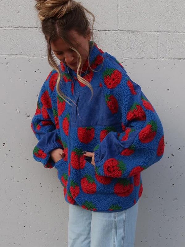 Autumn/Winter Stand Collar Shearling Print Jacket Versatile Oversized Casual Zip-Up Hoodie